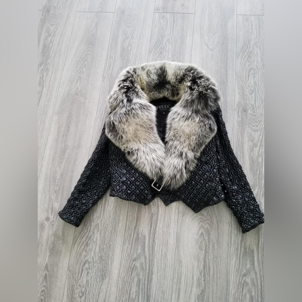 Real silver fox fur and leather women’s jacket